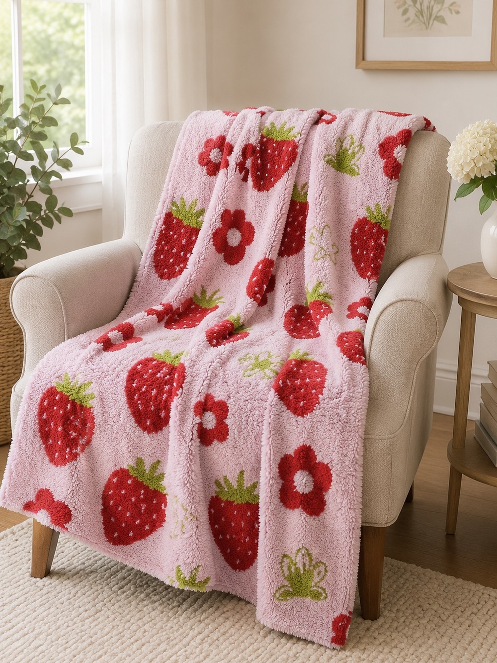 NWT Plush Strawberry Print Throw Blanket - Pink